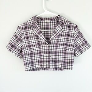 John Galt Black & Purple Plaid Short Sleeve Flannel Button Up Crop Top XS